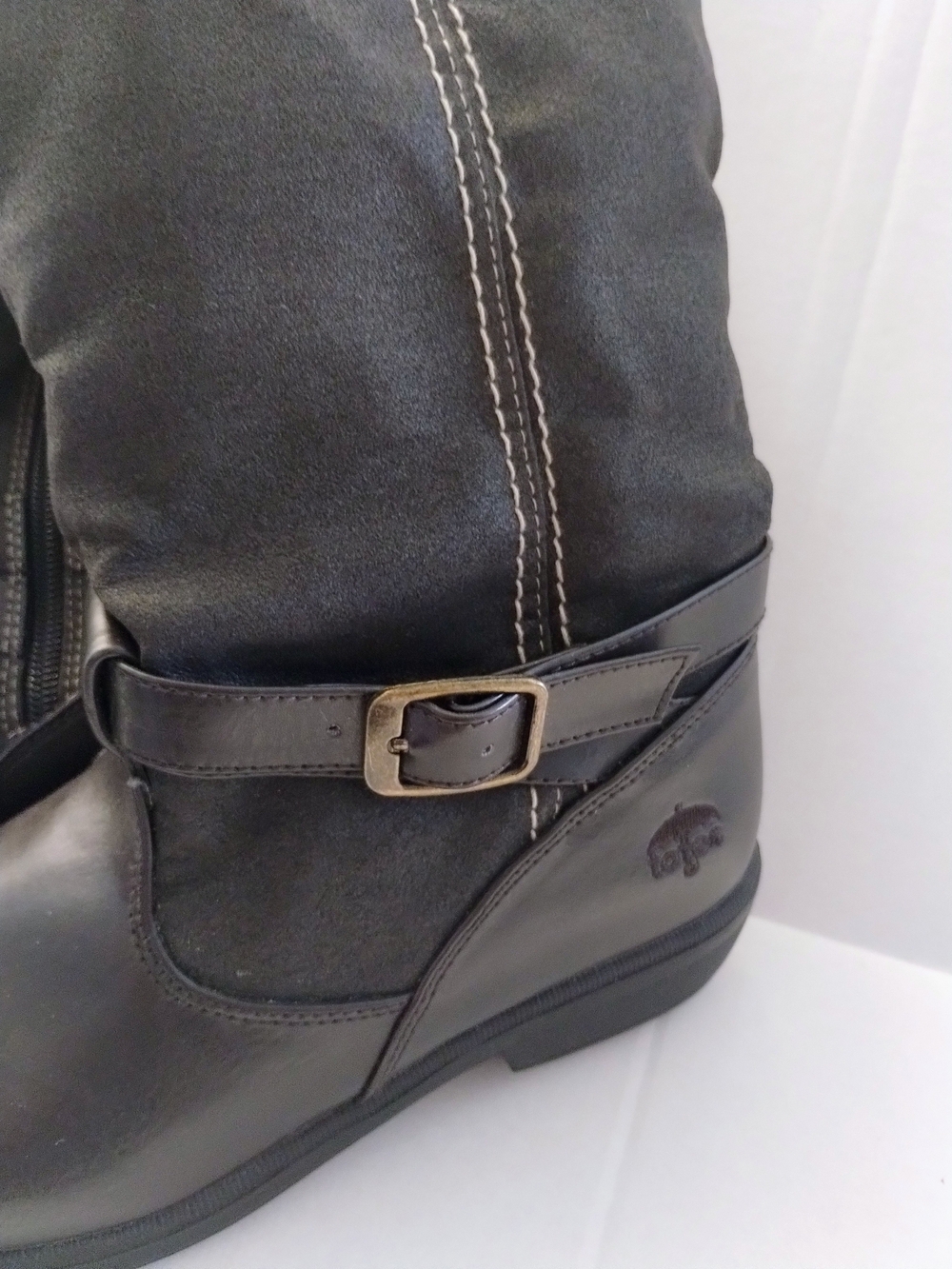 Women's Black Leather & Suede Mid-Calf Boot with Buckle